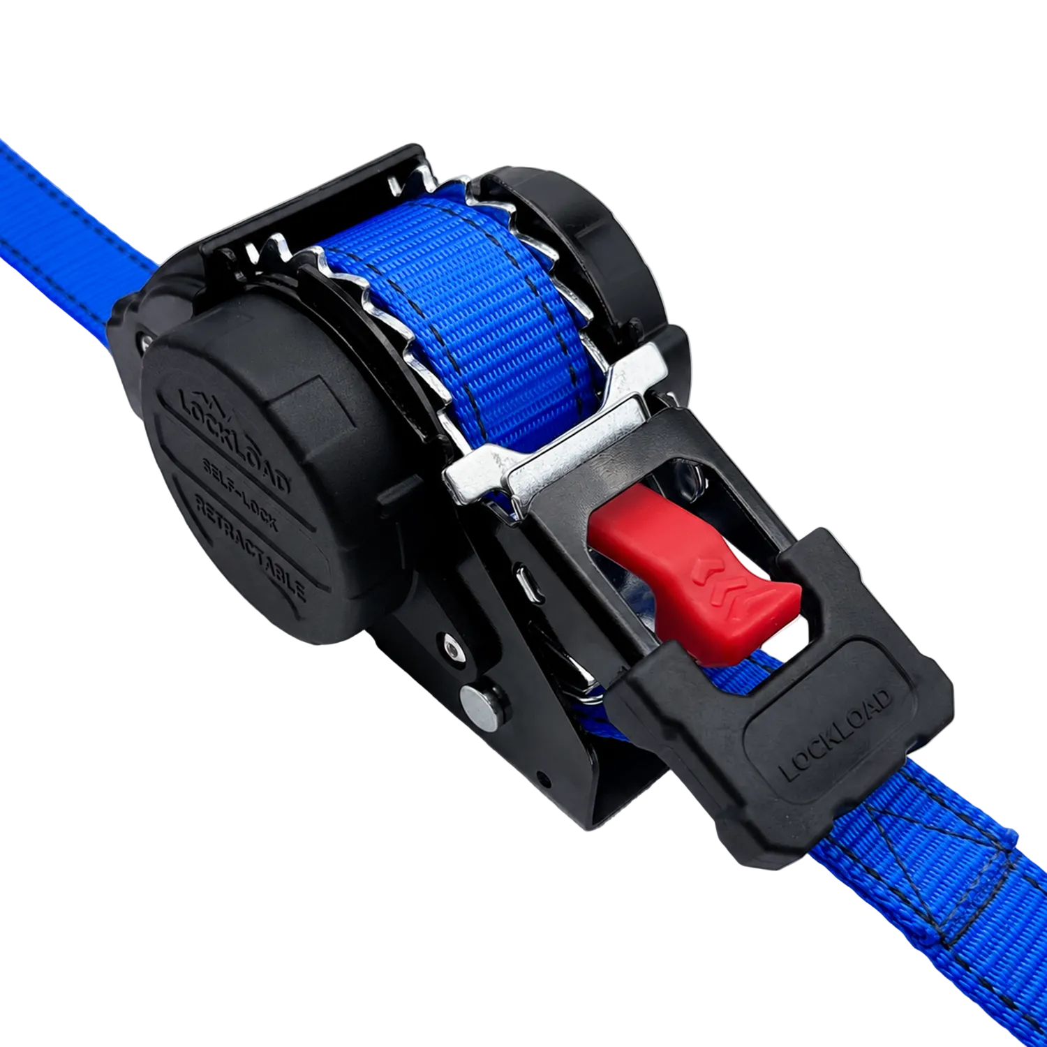 A close-up of a blue nylon ratchet strap with a black locking mechanism and a red release button, shown on a clean white background.