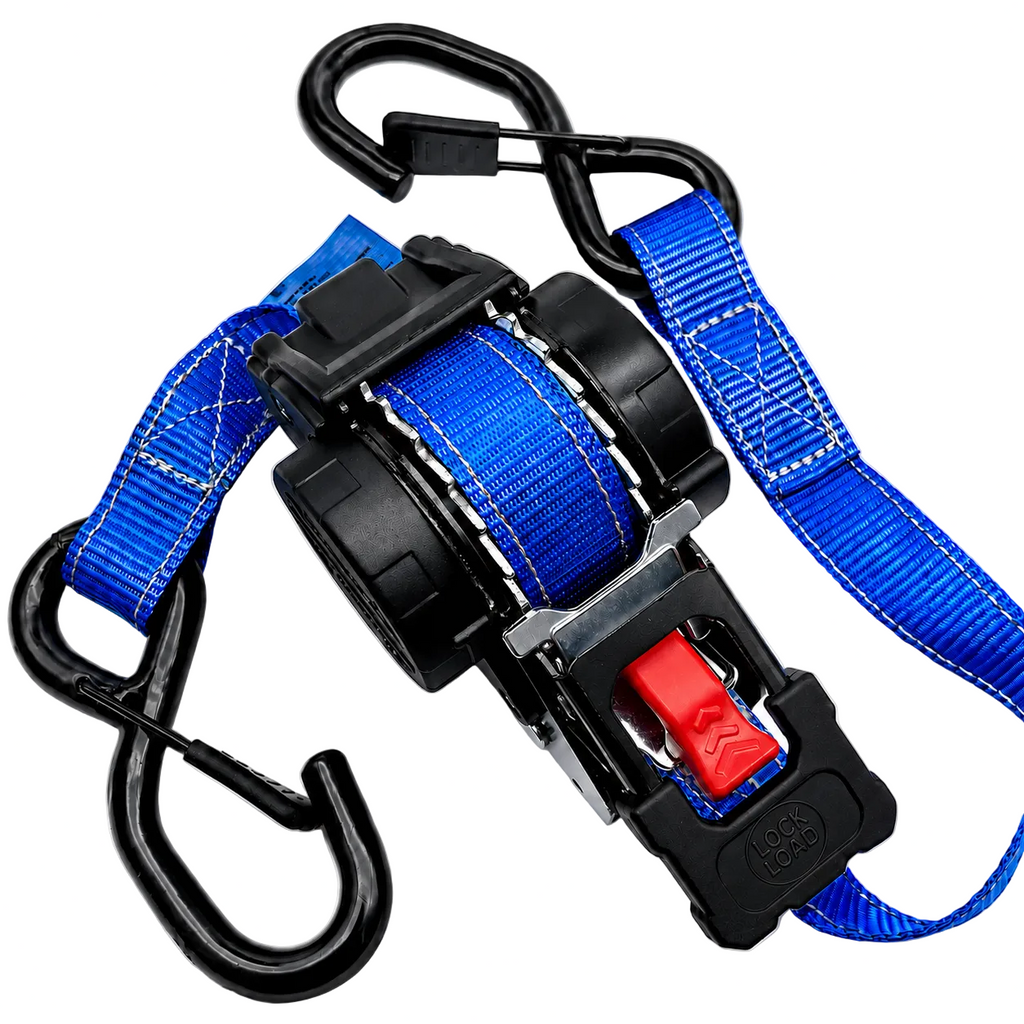A blue webbed ratchet strap with black plastic hardware and two black carabiner hooks, shown on a clean white background.